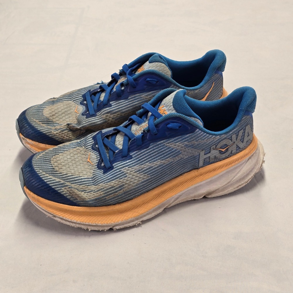 Hoka‎ One One Clifton 9 Youth Running Shoes Blue Orange Sneakers Size 7MD
